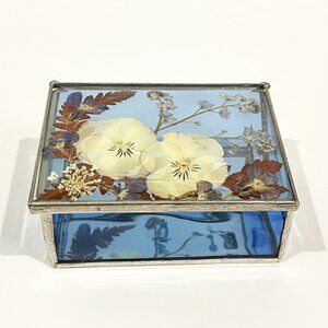 Vintage Blue Glass Trinket Box w/ Pressed Pansies and Forget-Me-Nots Hinged Lid
